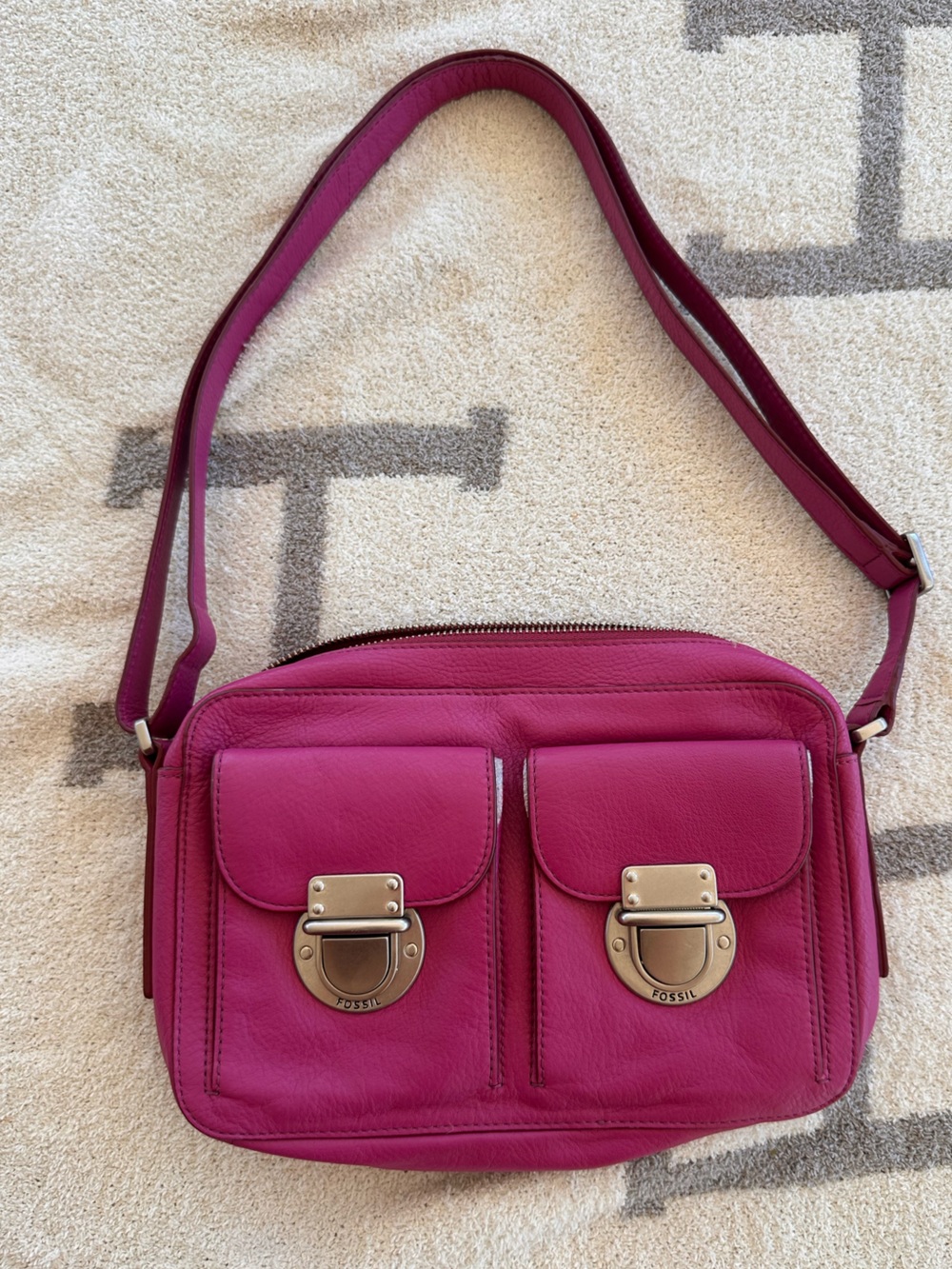 Fossil Magenta Leather Crossbody with Double Front Pockets